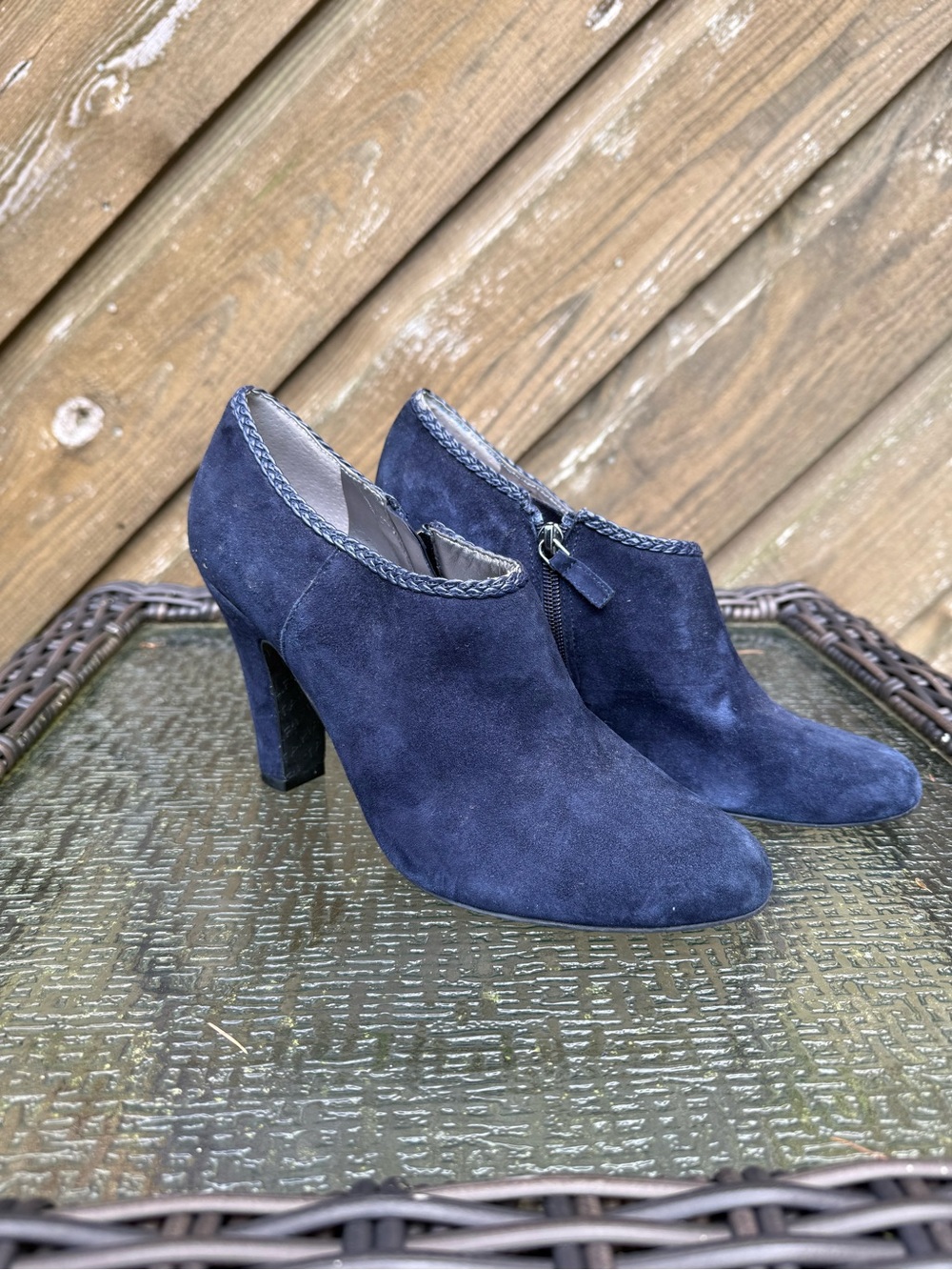 Tahari Navy Suede Braided-Trim Ankle Booties